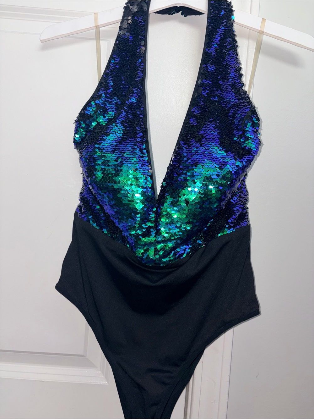 Entry Sequin Halter One-Piece Bodysuit in Blue and Green
